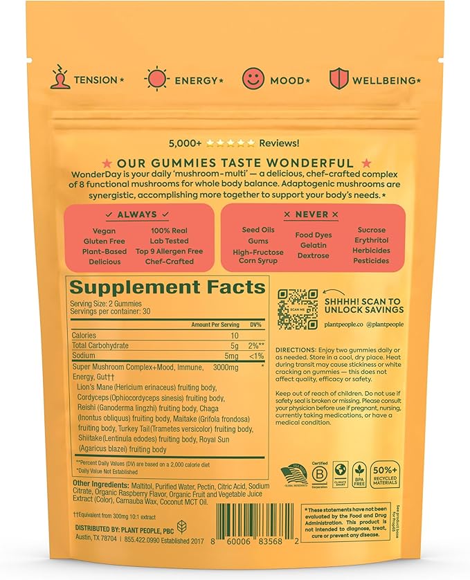 Plant People WonderDay Mushroom Gummies - Lion’s Mane, Cordyceps, Chaga Mushroom Supplement to Support Immune System De-Stress Boost Mood & Energy in Adults Natural, Vegan, Non-GMO (60 Count)