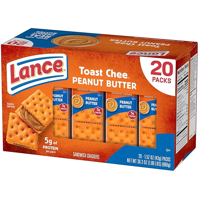 Lance Sandwich Crackers, ToastChee Peanut Butter, 20 Individually Wrapped Packs, 6 Sandwiches Each (Pack of 2)