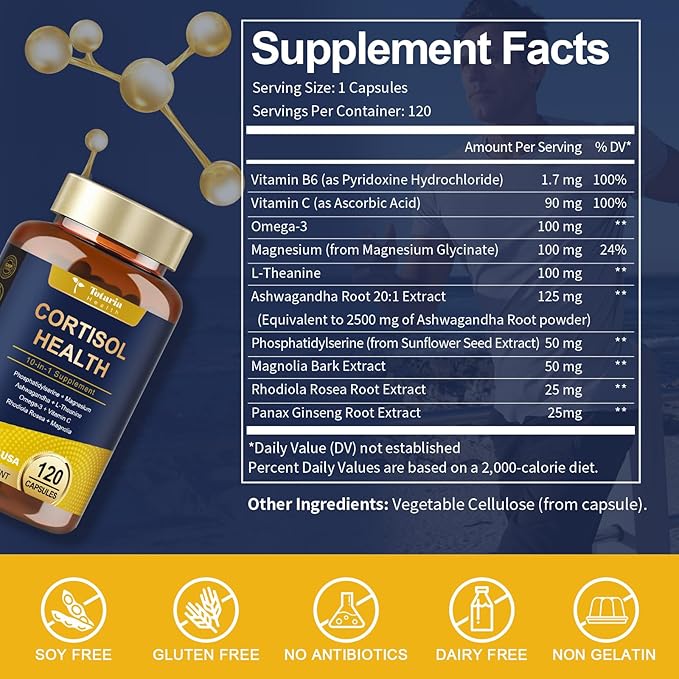 Totaria Cortisol Supplement with Ashwagandha,Magnesium,Rhodiola Rosea,L Theanine,Hormone Balance for Women Mood, Focus, Sleep Support 120 Vegan Capsules (Pack of 2)