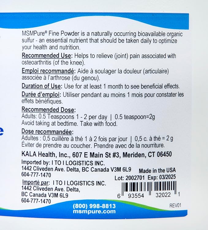 KALA HEALTH MSMPure Fast Dissolving Fine MSM Powder Crystals – US-Made MSM for Joint Health, Skin Appearance, and Hair & Nail Support – 2.2 lb, Organic Sulfur