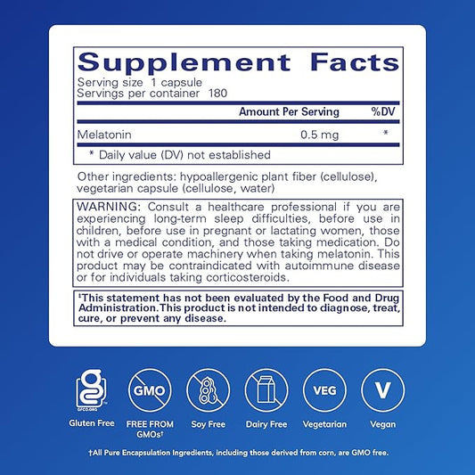 Pure Encapsulations Melatonin 0.5 mg - Natural Sleep Helper for Bedtime - Regulates Sleep-Wake Cycle - 0.5 mg Melatonin - Vegan & Non-GMO - 180 Capsules