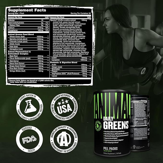 Animal Daily Greens Pill Packs - Kale, Wheat Grass, Alfalfa & More - Convenient Prebiotic and Probiotic Superfood Blend for Superior Digestion, Gut Health, and Immunity For Men & Women - 30 Day Supply