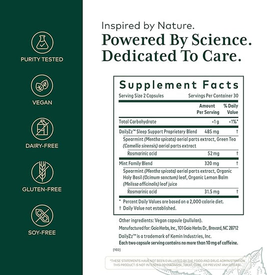 Gaia Herbs Pro Somni-Mint Rosmarinic Complex - Sleep Health & Relaxation Support Supplement* - Restful Sleep Support* with Spearmint, Green Tea & Lemon Balm - 60 Capsules (30 Servings)