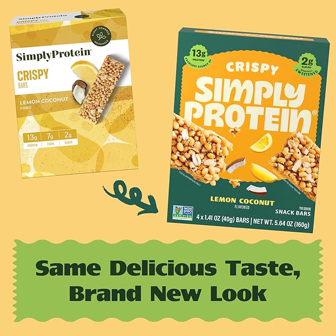 Simply Protein - Lemon Coconut Crispy Bars - Plant Based Protein Bars - Low Carb, Low Sugar, High Fiber - 13g Protein, 2g Sugar, 7g Fiber - Vegan, Gluten Free, Non GMO, Kosher - 32 Bars