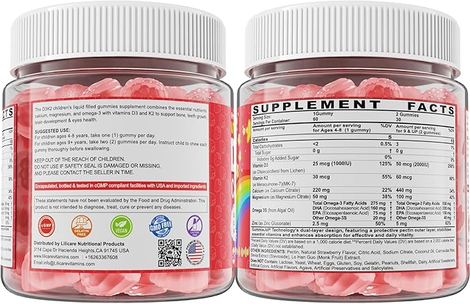 Vitamin D3 K2 + Calcium Liquid-filled Gummies for Kids & Teens, 1000IU / 2000IU D3 with Magnesium, Algal Omega 3, Kids Vitamins for Bones & Teeth, Calcium Absorption, Brain, Immune, Sugar-Free, 60Cts