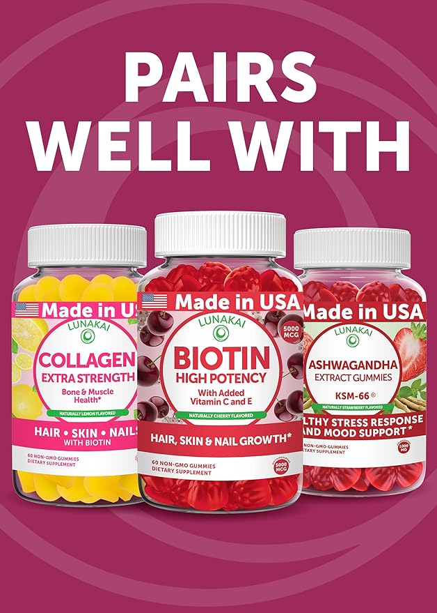 Lunakai USA Made Super Hair Gummies with Biotin, Zinc, Horsetail Extract & Saw Palmetto - Hair Growth Vitamins for Women & Men – Supports Thicker, Longer, Stronger Tresses, Skin & Nails - 3 Pack