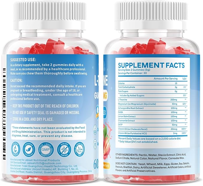 L-Theanine Gummies for Kids & Adults, L Theanine Supplement with Magnesium Glycinate, Ashwagandha, GABA, 5HTP for Calm, Relax, Zzz & Focus Support, Vegan Strawberry Flavor, 60 Count