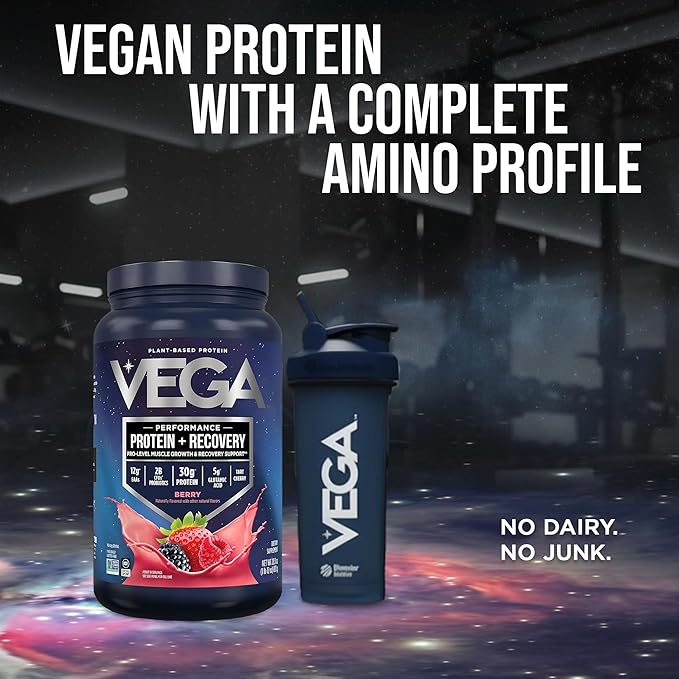 Vega Sport Vegan Protein Powder + Recovery - 30g Plant Based Protein per Serving, Berry, 19 Servings, 5g BCAAs, Probiotics, NSF Certified, for Shakes & Smoothies, 1.8lbs (Packaging May Vary)