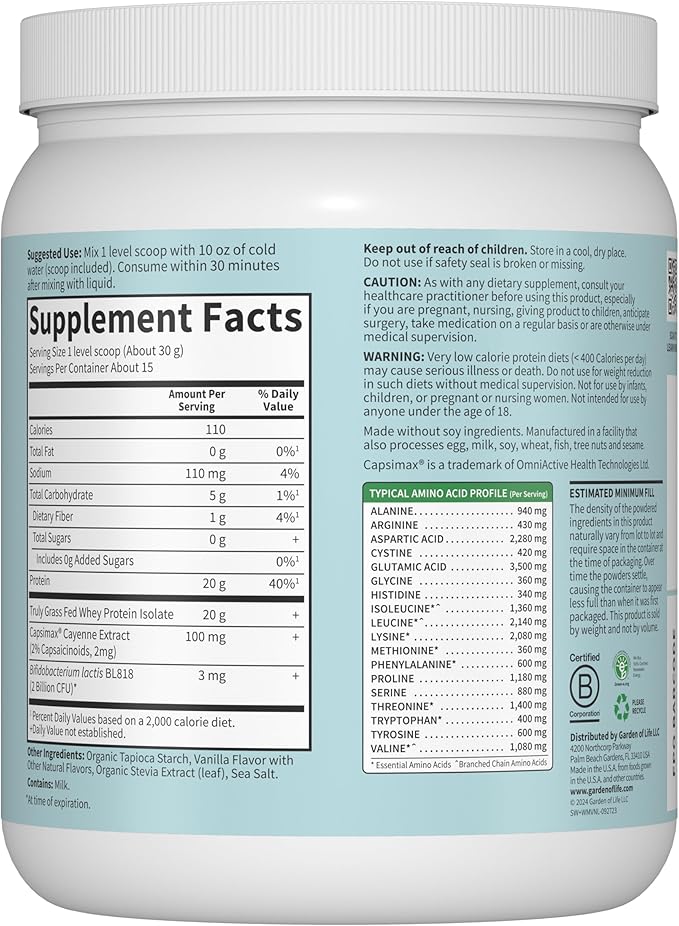 Garden of Life SPORT Whey Plus Weight Management with Amino Energy - 20g of Grass Fed Protein Isolate for Women and Men - Vanilla Powder - With Capsimax, 2 Billion CFU Probiotics, About 15 Servings
