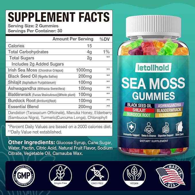 Sea Moss Gummies - Irish Sea Moss Gummies Advanced for Adults with Ashwagandha Bladderwrack & Burdock Root for Supports Immune,Energy - 60 Vegan Gummy,2PCS