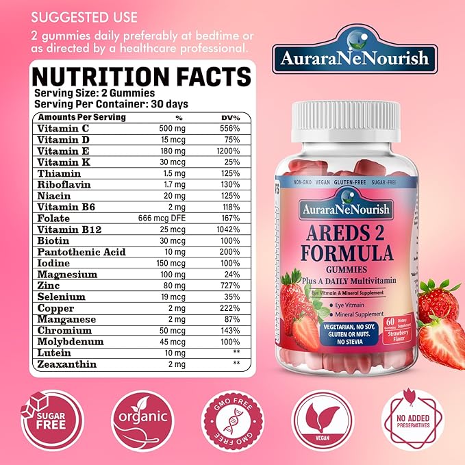 2 Pack AREDS 2 +Advanced Formula for Macular Health,22-in-1 Eye Vitamin & MineralSupplement w. Zeaxanthin, Zinc &Vitamin C, 60 Chewable Gummies