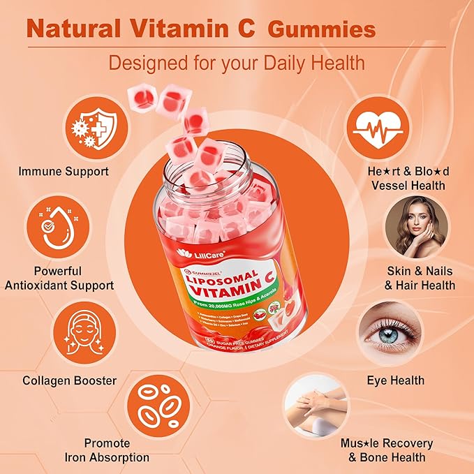 Natural Liposomal Vitamin C 1000mg Gummies for Adults & Kids 9+, Chewable Vitamin C w/ 11mg Zinc, D3, Elderberry, Echinacea, , Bioflavonoid, Immune Support, Whole Food VIT C from Fruits, Sugar Free