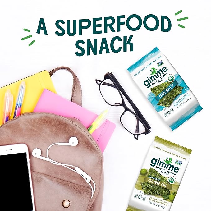 Gimme Seaweed Organic Premium Roasted Seaweed Snacks, Extra Virgin Olive Oil, 6 Count, Keto, Vegan, Gluten-Free, Great Source of Omega3s and Iodine, Healthy On-The-Go Snack for Kids and Adults