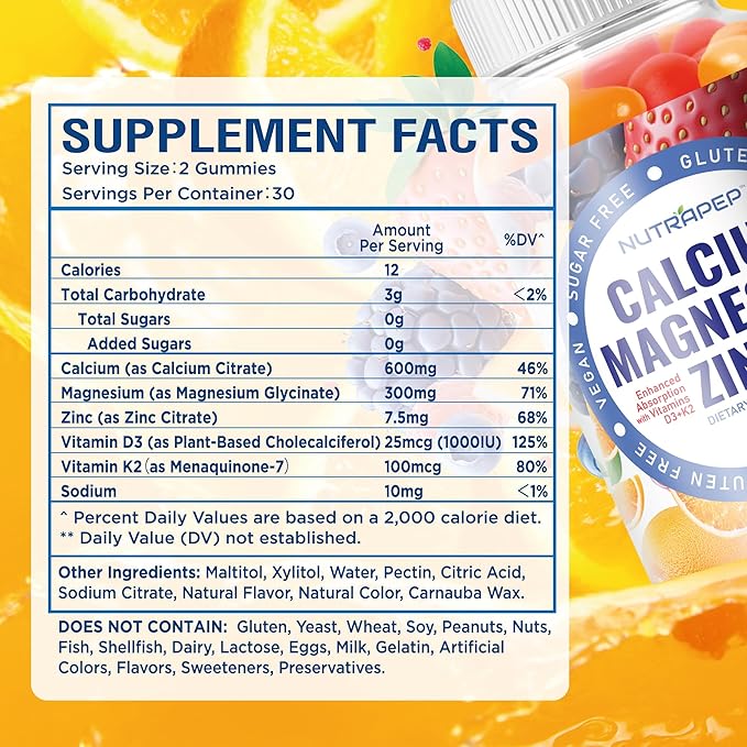 NutraPep Calcium Magnesium Zinc Supplement Gummies - with Vitamin D3 K2 Magnesium Glycinate - Orange Berry Flavored Vegan Sugar-Free Gluten Free Chewable for Men Women Kids