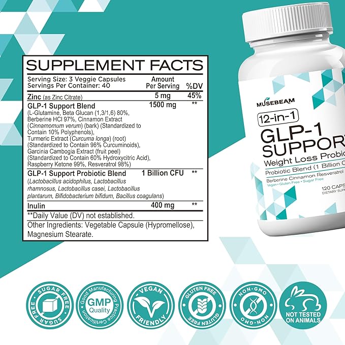 musebeam Probiotic Weight Loss Support Supplement - Natural GLP1 Support Appetite Suppressant Metabolism Booster with Berberine for Women Men - GLP1 Support Helps Control Hunger Cravings & Fat Burn