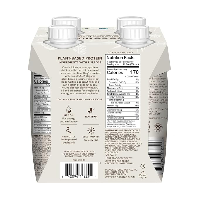 ALOHA Organic Plant-Based Protein Drink – Coconut Flavor | 18g Protein, 5g Sugar, 3g Fiber | Made with Creamy Coconut Milk, Fair Trade Certified, No Stevia | Vegan, Non-GMO, Gluten-Free, 11 fl oz (12 Pack)