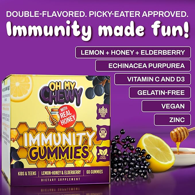 OH MY CHEWY Elderberry Gummies Immunity Support - Real Honey and Lemon Immune Supplement for Kids & Teens with Vitamin C, Echinacea, and Zinc - 60 CT