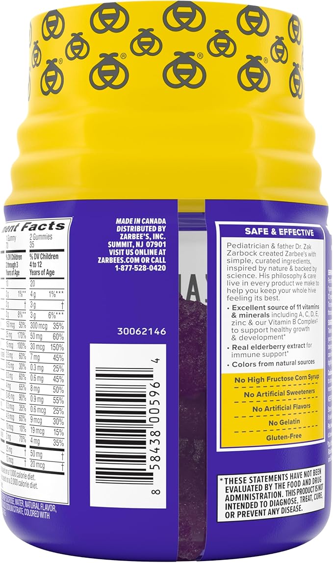 Zarbee’s Complete Kids Multivitamin Gummies + Immune Support, Berry Flavor, Honey-Sweetened, Gluten-Free & Gelatin-Free, Vitamins A, C, D3, E, B6, B12, Folic Acid & B-Complex, 70 Count