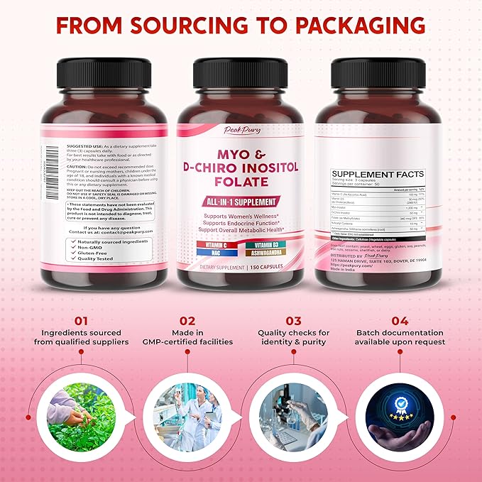 Ultra Myo & D-Chiro Inositol with Folate, Vitamin C & D3 - All-in-1 Supplement for Healthy Cycles, Hormonal Balance & Metabolic Support - 150 Capsules