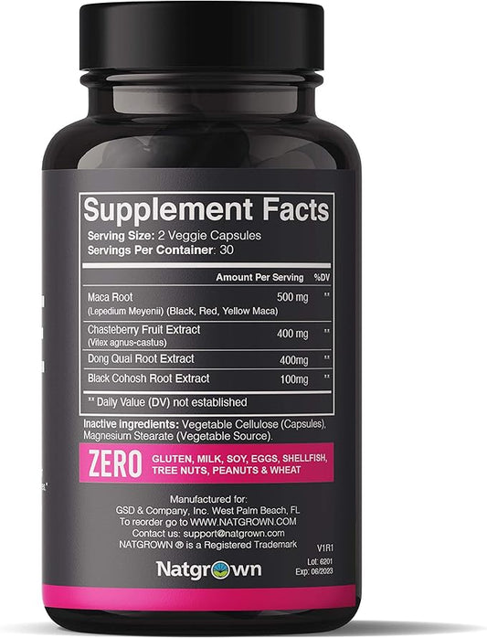 Natgrown Hormone Balance for Women PMS & Menopause Supplement for Fertility Hormonal & Menstrual Support, Helps Relief Hot Flashes - Maca Root, Vitex, Dong Quai & Black Cohosh Complex -Vegan Capsules