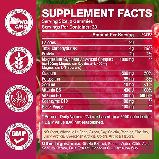 Magnesium Glycinate Gummies 1000mg, Magnesium Gummies for Adults & Kids with L-Threonate, Magnesium Supplement for Relaxation, Calm, Sugar Free, Raspberry Flavor, 60 Count