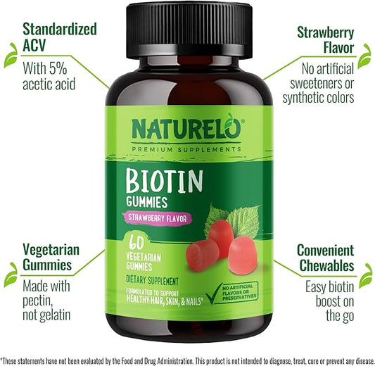NATURELO Biotin Gummies - Supports Healthy Hair, Skin & Nails - High Potency 2500 mcg - Non GMO, Gluten Free - 60 Gummies
