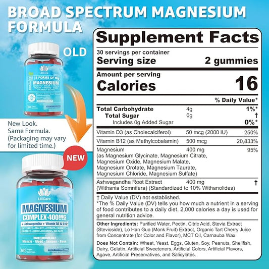 Magnesium Complex Gummies for Women Men 400mg, 8 Forms of Magnesium Glycinate, Citrate, Malate - Sugar Free Calm Magnesium Gummies Supplement with Magnesium Ashwagandha, D3, B12 for Relax,Vegan,120Cts
