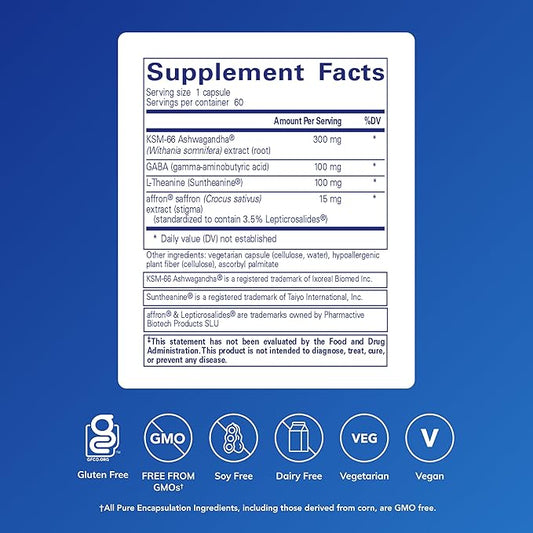 Pure Encapsulations Daily Calm - Vegan Stress & Sleep Support Supplement - Contains Ashwagandha, Saffron, GABA & L-Theanine - Non-GMO, Soy-Free & Gluten-Free - 60 Capsules