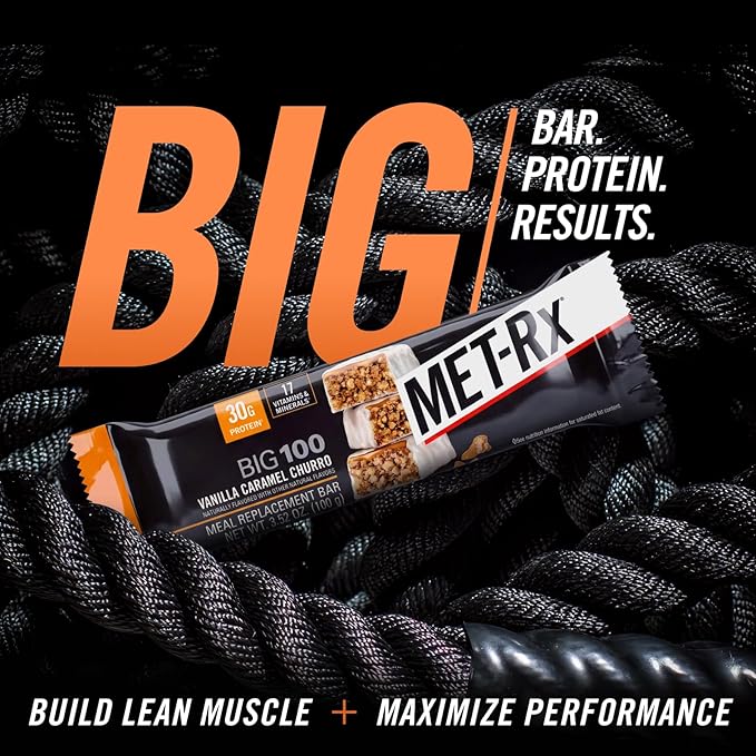 MET-Rx Big 100 Colossal Protein Bars, Vanilla Caramel Churro Meal Replacement Bars, Brown, 9 Count