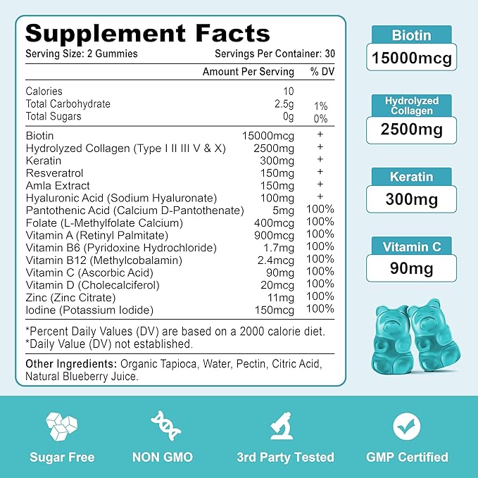 Biotin with Collagen Gummies, Hair Skin and Nails Vitamins Gummies for Hair Growth, Glowing Skin & Strong Nails - Blueberry Flavor, Sugar Free, 120 Count