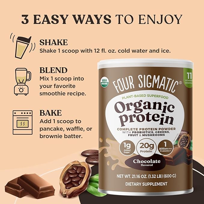 Four Sigmatic Organic Plant-Based Protein Powder | Clean Vegan Protein Elevated with Lion’s Mane, Chaga, Cordyceps and More for Brain Function and Immune Support | Creamy Cacao, 21.16 oz