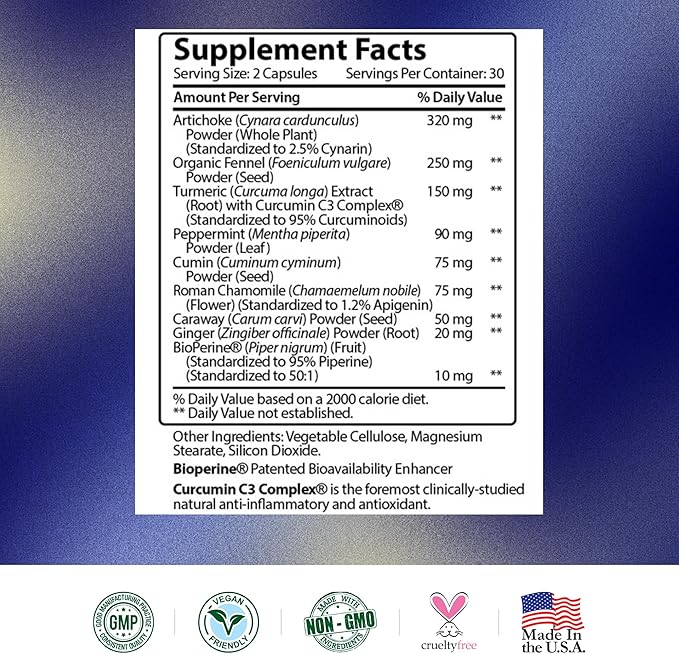 Research Verified Gas and Bloating - Relax Intestinal Muscles, Eliminate Gas Buildup - Artichoke Powder, Ginger, Peppermint Leaf Powder - 360 Capsules - Vegan