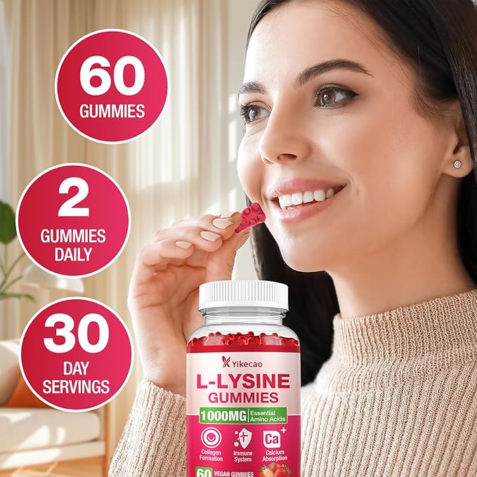 2 Pack L-Lysine 1000mg Gummies, Chewable Lysine Supplement for Lips & Skin, Immune Support, Essential Amino Acid, Non-GMO, Vegan, Gluten Free, Sugar-Free, Strawberry Flavor, 120 Count