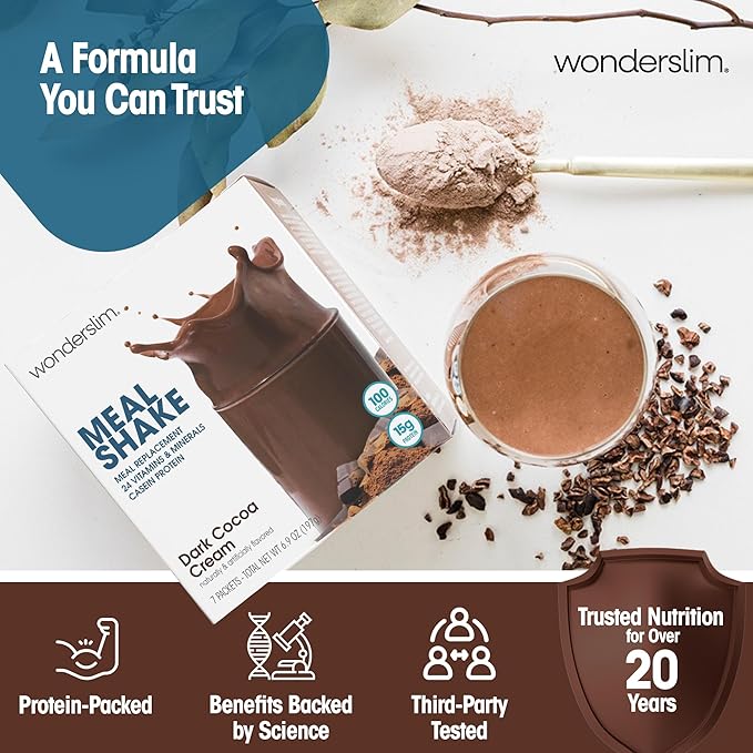WonderSlim Meal Replacement Shake, Dark Cocoa Cream, 15g Protein, 24 Vitamins & Minerals, Gluten Free, Low Carb (7ct)