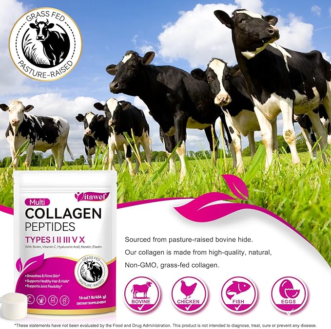 Multi Collagen Peptides Powder - Types I, II, III, V, X – Grass Fed, Pasture Raised - Supports Skin, Hair, Nails & Joints - Flavorless, Hydrolyzed, Easy to Mix - Non-GMO, Gluten-Free, Dairy-Free