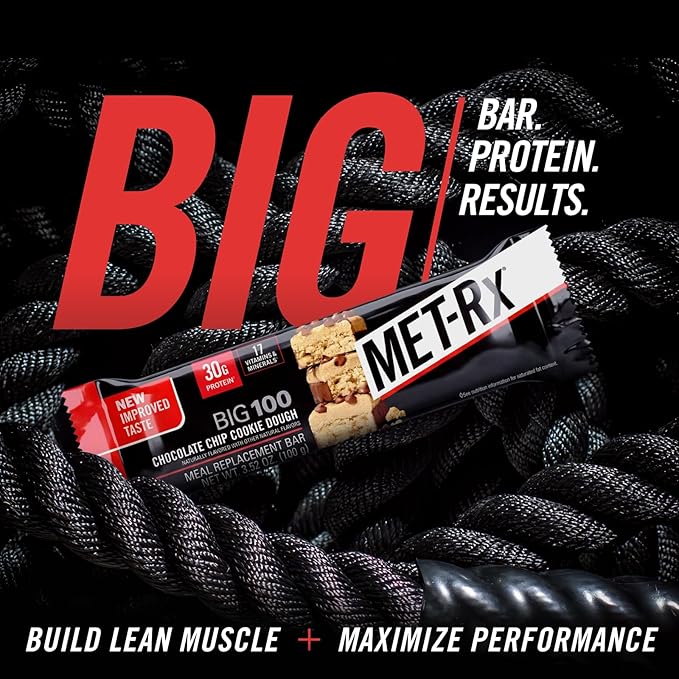 MET-Rx Big 100 Colossal Protein Bars, Chocolate Chip Cookie Dough Meal Replacement Bars, 9 Count (Pack of 1)