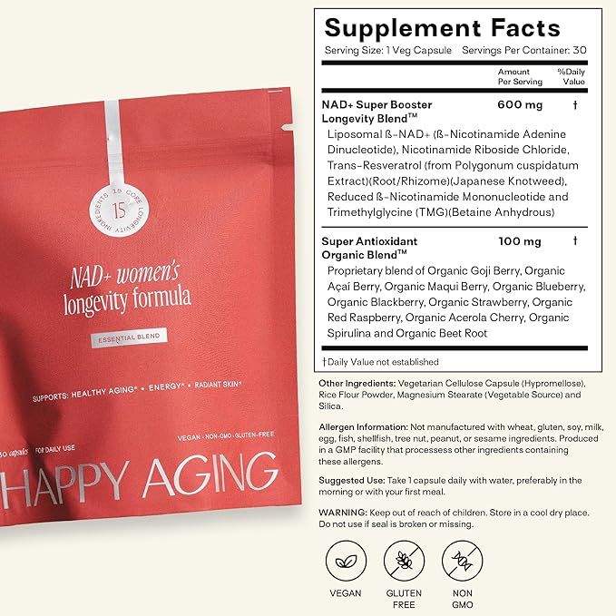 Happy Aging Essential Longevity Formula, NAD+ Super Booster with NR, NMNH & Liposomal β-NAD+, Organic Antioxidant Superfruit Blend for Cellular Energy, Skin Hydration & Daily Vitality, 30 Capsules