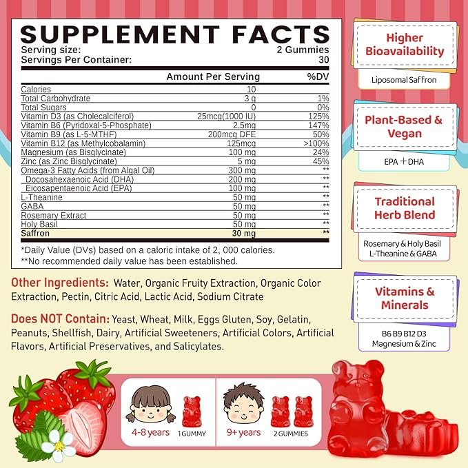 duwhot Liposomal Saffron Gummies for Kids 4+, Saffron Supplements w/Holy Basil, Rosemary, Magnesium Glycinate, Omega-3 & More, Brain Focus Support Supplement, Vegan, Organic, Sugar Free, 120 Chewables