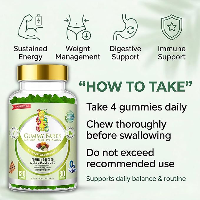 Sea Moss & Soursop Gummies - Organic Irish Sea Moss, Sour SOP Multivitamin, Soursop Bitters, Seamoss & Sea Grapes | Vegan, Sugar-Free (120 ct) | Gummy Bares