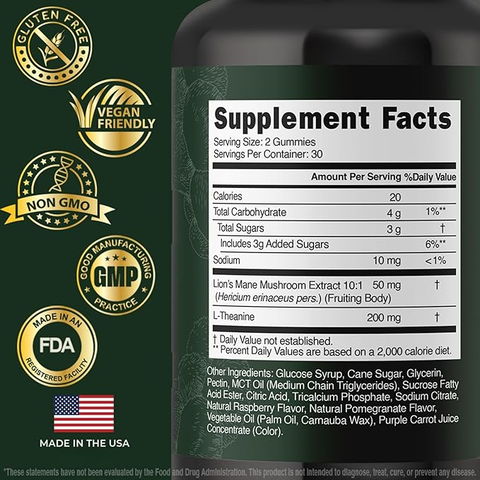 Lion’s Mane Mushroom Gummies 10:1 Extract with L-Theanine 200mg - Nootropic Cognitive Support for Focus, Memory & Calm Energy - Vegan, Non-GMO, Gluten-Free - Pomegranate Raspberry Flavor - 60 Count