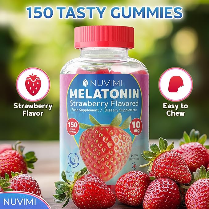 Melatonin Gummies - 10 mg Strawberry Flavored Dietary Food Supplement to Help Support Sleep - 150 Vegan Gummies