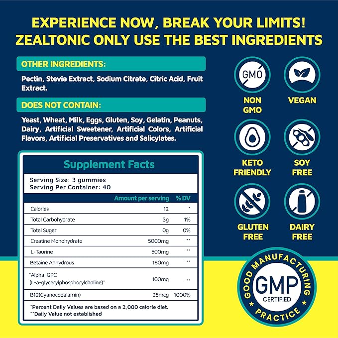 Creatine Monohydrate Gummies 5800mg with Betaine & Alpha GPC | 0 Sugar | Pre Workout Energy Booster for Men & Women | Muscle Growth & Boost Strength & Faster Recovery | (120, Blueberry)