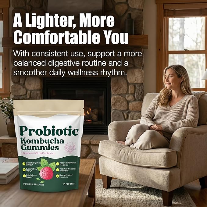 Probiotic Kombucha Gummies with Prebiotics, Probiotics & Postbiotics – Digestive & Gut Health Support – Daily Balance, Bloating Comfort & Microbiome Support – Vegan, Non-GMO, 60 Gummies