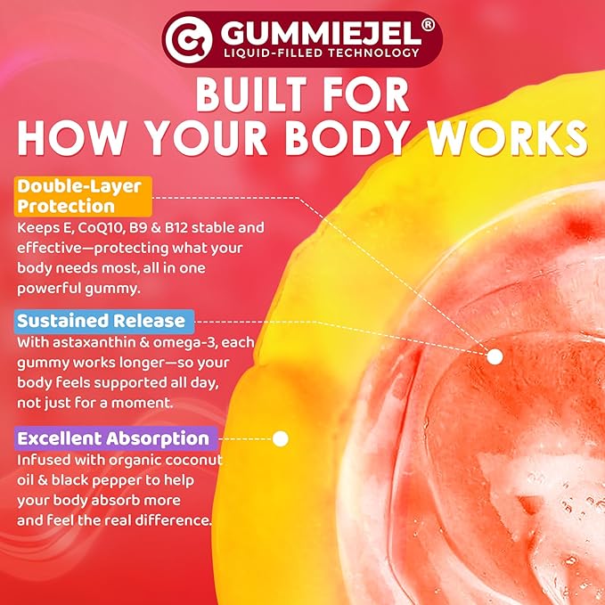 Red Yeast Rice Gummies 600mg & CoQ10 200mg for Adult, 12-in-1 High Absorption Coenzyme Q10 Supplement Plus Omega 3, PQQ, Astaxanthin, Methyl B12, Support Brain, Energy, Immunity, Antioxidant, 60Cts