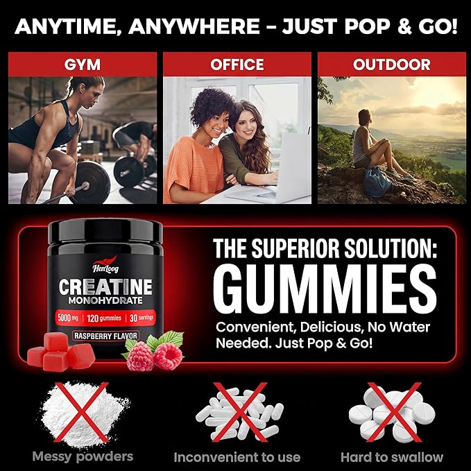 Creatine Monohydrate Gummies 5000mg for Women & Men, NSF Certified, Sugar Free, Vegan, 120 Count, Pre Workout Muscle Strength & Recovery Supplement