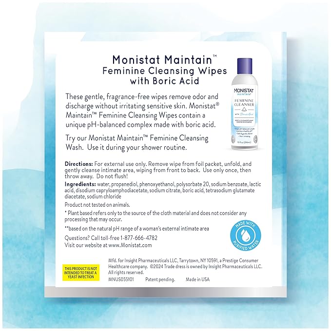 Monistat Feminine Wipes, 12 Ct, Pack of 2 | With Boric Acid | Fragrance Free