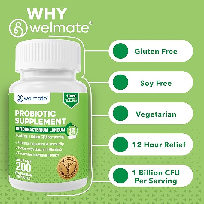 WELMATE Bifidobacterium - Probiotic Supplement - Supports Gut Health - Immune Support - Digestive Enzymes - Gluten Free - Vegan - Men & Womens Probiotic - Value Size - 200 Count