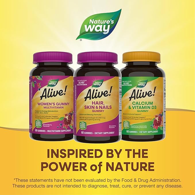 Nature's Way Alive! Hair, Skin & Nails Gummies, Advanced Beauty Formula*, with Biotin and Collagen, Strawberry Flavored, 60 Gummies (Packaging May Vary) (Pack of 2)