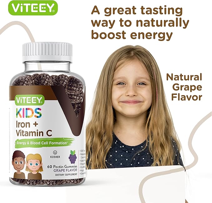 Viteey Iron Gummies for Kids with Vitamin C - Supports Energy, Blood Cell Formulation, Blood Builder Anemia Kids Iron Supplements - Vegan, Gelatin Free, Gluten Free - Tasty Chewable Grape Flavored
