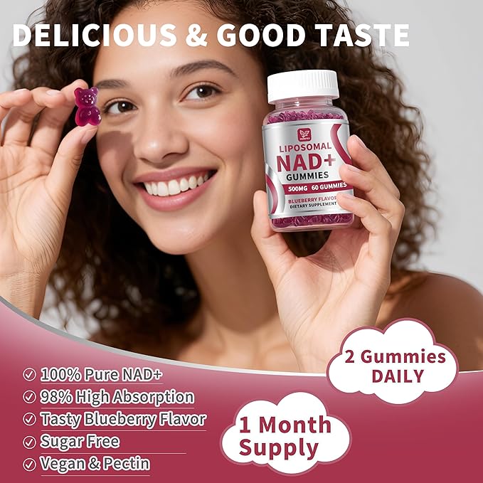 Hudetex (3 Packs) NAD Gummies Supplement for Women & Men, Pure 500mg Liposomal NAD - Cell Regeneration, Energy & Metabolism Support, Vegan,Sugar Free,Additives Free, 180 Counts,Blueberry Flavor